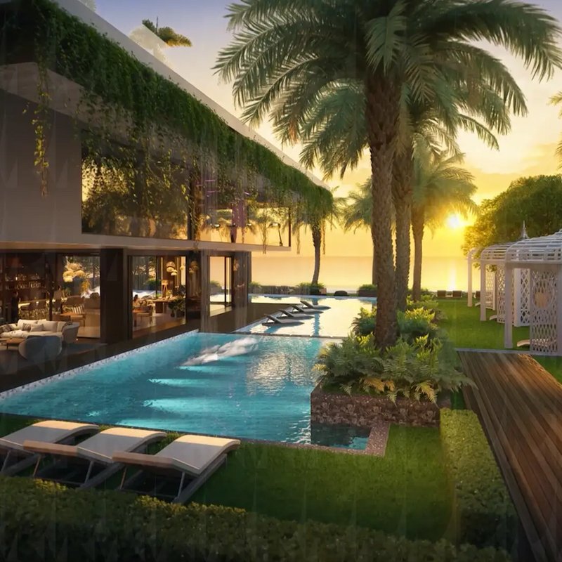 Riviera Palm Beach — poolside cabanas at sunset