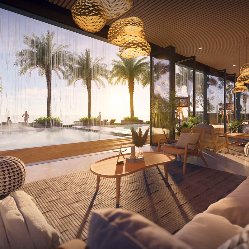 Riviera Palm Beach — poolside lounge at sunset