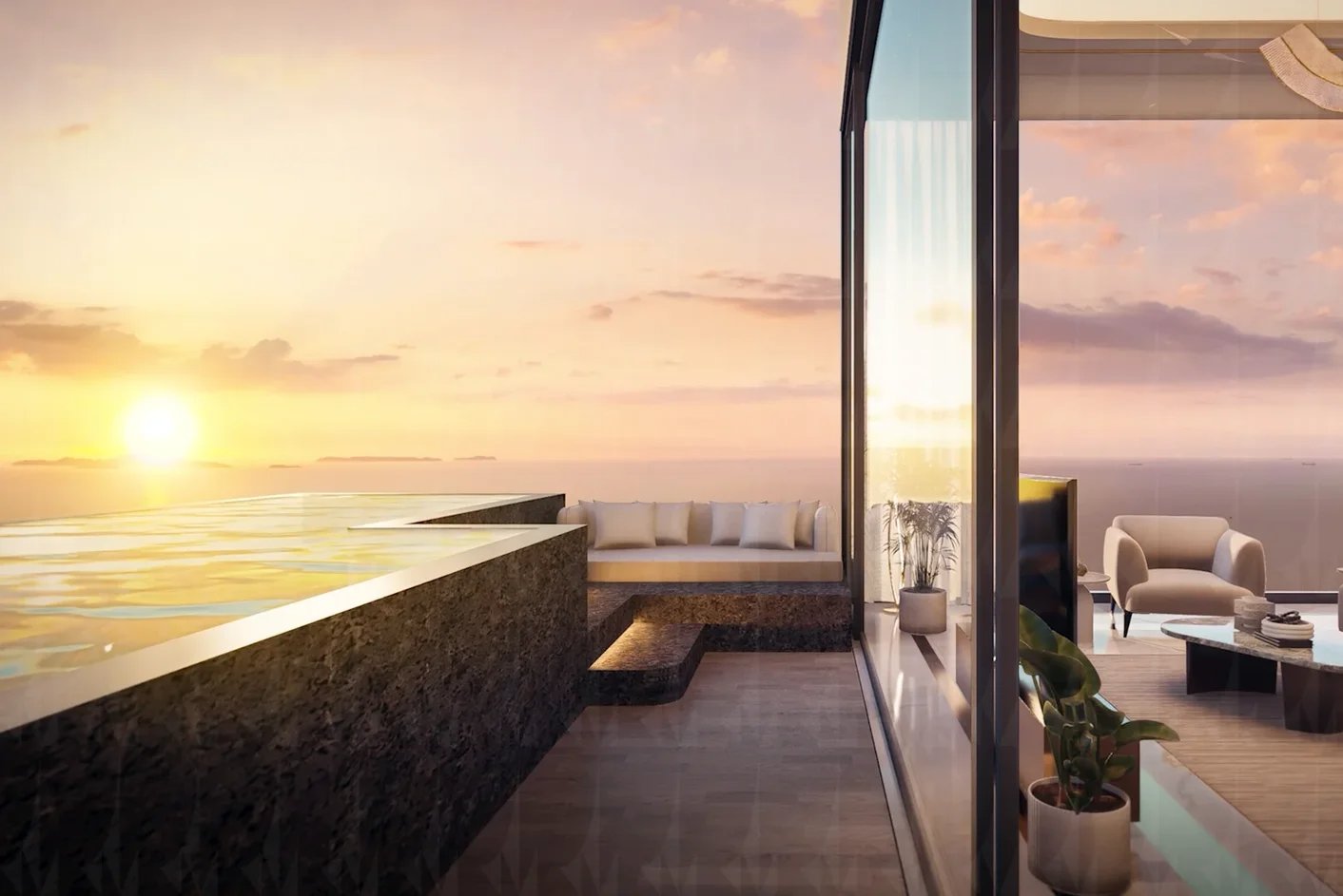 Riviera Palm Beach — private terrace pool at sunset